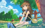  1girl bag black_shirt blue_(pokemon) blue_shorts blue_sky brown_eyes brown_hair closed_mouth clouds creatures_(company) fence flower game_freak hair_flaps long_hair messenger_bag nintendo official_art pokemon pokemon_(game) pokemon_lgpe pokemon_trading_card_game saitou_naoki shirt shoes shorts shoulder_bag sidelocks sitting sky sleeveless sleeveless_shirt sneakers solo tree watermark 