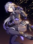  1girl arm_strap bangs black_bodysuit black_gloves blue_eyes bodysuit boots breasts elbow_gloves fu_hua gauntlets gloves hair_between_eyes hair_ornament hand_up highres honkai_(series) honkai_impact_3 jumping lightning long_hair looking_at_viewer medium_breasts ponytail power_suit shadow_knight_(honkai_impact) sidelocks small_breasts solo thigh-highs thigh_boots tied_hair v-shaped_eyebrows wsman 