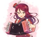 1girl :d accordion ceph_(greatyazawa1819) feathers frilled_shirt_collar frills hair_ornament hairclip half_updo hat hat_feather heart highres instrument long_hair love_live! love_live!_sunshine!! music musical_note_hair_ornament open_mouth pink_background playing_instrument red_hat red_shirt redhead sakurauchi_riko shirt short_sleeves smile solo upper_body white_feathers yellow_eyes 