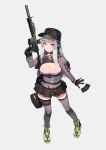  1girl assault_rifle bangs black_legwear black_skirt blunt_bangs blush breasts cleavage cleavage_cutout clothes_writing eyebrows_visible_through_hair facial_mark full_body girls_frontline gloves green_eyes grey_background gun h&amp;k_hk416 hair_ornament hat headphones heckler_&amp;_koch highres hk416_(girls_frontline) holding holding_gun holding_weapon ihobus jacket large_breasts long_hair looking_at_viewer plaid plaid_skirt pouch reloading rifle shoes silver_hair simple_background skindentation skirt sneakers solo teardrop thigh-highs thigh_strap turtleneck very_long_hair weapon 