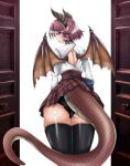  1girl ass backless_outfit black_legwear black_panties book commentary_request cowboy_shot dragon_girl dragon_horns dragon_tail dragon_wings expressionless from_behind granblue_fantasy grea_(shingeki_no_bahamut) highres holding holding_book horns long_sleeves looking_at_viewer looking_back manaria_friends open_door panties plaid plaid_skirt pointy_ears purple_hair shingeki_no_bahamut shirt short_hair simple_background skirt solo tail thigh-highs tk_(butakuma) underwear violet_eyes white_background white_shirt wings 