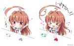  &gt;_&lt; 1girl ahoge aqua_sailor_collar arms_up blush brown_eyes brown_hair commentary_request eyebrows_visible_through_hair fang heart heart_ahoge huge_ahoge kantai_collection kuma_(kantai_collection) long_hair masayo_(gin_no_ame) motion_lines multiple_views neckerchief open_mouth red_neckwear sailor_collar school_uniform serafuku short_sleeves simple_background smile sparkle translated white_background 