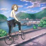  1girl bare_arms bare_shoulders bicycle blue_sky brown_hair clothes_around_waist clouds cloudy_sky curly_hair day ground_vehicle highres knee_up landscape leggings light_blue_eyes looking_afar love_live! love_live!_sunshine!! meda mountainous_horizon outdoors shadow shoes shore short_hair sky sneakers sportswear tank_top tree watanabe_you white_tank_top 