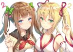  .live 2girls :3 alexmaster armpits bangs bare_shoulders black_sailor_collar blonde_hair blue_eyes blush breasts brown_hair cleavage closed_mouth collarbone commentary_request detached_sleeves frills green_eyes green_ribbon hair_between_eyes hair_ribbon hand_up japanese_clothes kakyouin_chieri kongou_iroha long_hair long_sleeves looking_at_viewer medium_breasts multiple_girls neckerchief red_neckwear red_ribbon ribbon sailor_collar sanpaku shirt side-by-side sidelocks simple_background smile twintails twintails_day upper_body v virtual_youtuber white_background wide_sleeves wing_collar yellow_shirt 