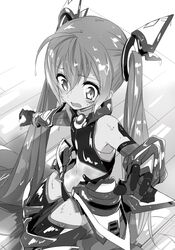  1girl flat_chest from_above gloves greyscale highres indoors kasuga_ayumu_(haruhipo) kneeling leotard long_hair monochrome novel_illustration official_art ore_twintail_ni_narimasu shiny shiny_hair solo tailred twintails very_long_hair wooden_floor 