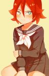  1boy black_serafuku black_skirt blush crossdressinging green_eyes hair_between_eyes hykchiba inazuma_eleven inazuma_eleven_(series) kiyama_tatsuya looking_at_viewer neckerchief otoko_no_ko pleated_skirt redhead sailor_collar school_uniform serafuku simple_background skirt solo sweatdrop yellow_background 