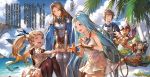  2boys 3girls :d ahoge animal beach black_legwear blonde_hair blue_cape blue_eyes blue_hair brown_hair cape character_request closed_eyes day dress floating_hair gauntlets gran_(granblue_fantasy) granblue_fantasy grin hair_ribbon hands_on_lap highres holding holding_animal index_finger_raised leaning_forward long_hair long_sleeves minaba_hideo multiple_boys multiple_girls novel_illustration official_art open_mouth outdoors palm_tree pantyhose ribbon short_dress shoulder_armor sitting sleeveless sleeveless_dress smile spaulders standing starfish tree twintails very_long_hair white_dress 