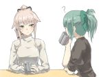  2girls ? alternate_costume arms_on_table black_ribbon black_sweater blush bow breasts closed_mouth commentary_request cup drinking elbow_rest eye_contact eyebrows_visible_through_hair green_bow green_hair hair_between_eyes hair_bow hair_flaps hair_ribbon holding holding_cup kantai_collection long_hair looking_at_another mug multiple_girls pink_hair ponytail remodel_(kantai_collection) ribbon simple_background sitting sleeves_rolled_up sweat sweater table tsukira_(amayadori) turtleneck turtleneck_sweater upper_body white_background white_sweater yellow_eyes yura_(kantai_collection) yuubari_(kantai_collection) 
