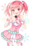  1girl :d absurdres bang_dream! bangs blush bow bowtie choker cowboy_shot detached_sleeves dress frilled_dress frilled_sleeves frills hair_ribbon highres holding holding_microphone looking_at_viewer maruyama_aya microphone open_mouth pink_bow pink_choker pink_eyes pink_hair pink_neckwear pointing pointing_at_self ribbon short_sleeves sidelocks smile solo thigh-highs twintails white_legwear white_ribbon wrist_bow yuuki_beni 