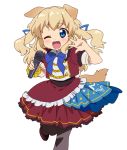  1girl ;d animal_ears bangs blonde_hair blue_eyes blush bow bowtie dog_ears dog_tail eyebrows_visible_through_hair fang hair_ribbon holding holding_microphone looking_at_viewer microphone one_eye_closed open_mouth original ribbon smile solo tail tonbi waving wavy_hair white_background 