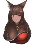  1girl amagi_(azur_lane) animal_ears azur_lane bangs blunt_bangs breasts brown_hair choker eyebrows_visible_through_hair fox_ears hair_ornament highres japanese_clothes kimono large_breasts long_hair looking_at_viewer parted_lips simple_background solo thick_eyebrows violet_eyes white_background yusha_(m-gata) 