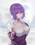  1girl bangs breasts cleavage collarbone commentary eyebrows_visible_through_hair hair_between_eyes hand_on_own_chest highres jacket l.kili large_breasts long_sleeves looking_at_viewer off_shoulder purple_jacket red_eyes shinjou_akane shirt short_hair signature skyline smile solo ssss.gridman upper_body white_shirt 