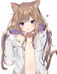  1girl :p animal_ear_fluff animal_ears bangs bare_shoulders breasts brown_hair bunching_hair cat_ears cat_girl cat_tail closed_mouth collarbone commentary_request eyebrows_visible_through_hair grey_jacket heart highres hood hood_down hooded_jacket jacket long_hair looking_at_viewer mafuyu_(chibi21) multicolored_hair naked_coat navel off_shoulder open_clothes open_jacket original purple_hair sidelocks simple_background small_breasts smile solo streaked_hair tail tail_raised tongue tongue_out twintails violet_eyes white_background 