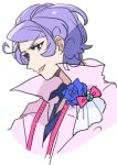 1boy blue_flower blue_rose bow bright_pupils buntatta cropped_torso curly_hair earrings flower highres jewelry lavender_hair male_focus original pink_shirt popped_collar rose shirt simple_background solo stud_earrings tape_measure tsukurotte_piature violet_eyes white_background 