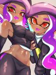  2girls :d bare_shoulders beret black_gloves breasts covered_nipples cowboy_shot crop_top dark_skin domino_mask elbow_gloves fangs gloves groin hat hero_charger_(splatoon) highres holding inkling jtveemo long_hair long_sleeves looking_at_viewer mask medium_breasts multiple_girls navel octarian octoling open_mouth orange_eyes purple_hair purple_hat short_hair smile splatoon splatoon_(series) splatoon_2 tentacle_hair 