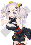  1girl :d bangs bare_shoulders black_legwear black_shirt black_skirt blue_eyes blue_nails breasts claw_pose cleavage cowboy_shot d-pad d-pad_hair_ornament fang hair_ornament hairclip hands_up highres kaguya_luna kaguya_luna_(character) leaning_forward long_hair looking_at_viewer luse_maonang medium_breasts miniskirt motion_lines multicolored multicolored_nails nail_polish obi open_mouth pink_nails red_nails revision ribbon sanpaku sash shirt sidelocks silver_hair skirt sleeveless sleeveless_shirt smile solo standing taut_clothes taut_shirt thigh-highs turtleneck v-shaped_eyebrows virtual_youtuber white_ribbon wrist_ribbon yellow_nails zettai_ryouiki 