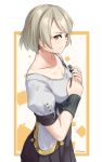  1girl black_skirt bra_strap breasts cleavage collarbone grey_shirt looking_at_viewer medium_breasts original pleated_skirt saruno_(eyesonly712) shirt short_hair short_sleeves silver_hair skirt solo standing striped vertical_stripes white_background wristband yellow_eyes 