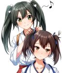  2girls alternate_hairstyle brown_eyes brown_hair collarbone commentary_request eighth_note expressionless green_eyes grey_hair hakama hakama_skirt japanese_clothes kaga_(kantai_collection) kantai_collection long_hair looking_to_the_side matching_hairstyle multiple_girls musical_note red_hakama simple_background squiggle tasuki twintails tying_hair upper_body white_background zanntetu zuikaku_(kantai_collection) 