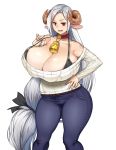  1girl animal_ears bangs bare_shoulders bell belt black_bra bra bralines breasts burakku-ra cleavage collar commission covered_navel cow_bell cow_ears curled_horns curvy denim hand_on_hip heart highres huge_breasts jeans long_hair low-tied_long_hair mole mole_under_eye off-shoulder_sweater open_mouth original pants parted_bangs plump red_eyes ribbed_sweater silver_hair simple_background solo strap_pull sweater thick_thighs thighs underwear very_long_hair white_background white_sweater 