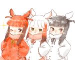  3girls alternate_hairstyle bangs bird_tail bird_wings black-headed_ibis_(kemono_friends) black_hair blush braid commentary_request eyebrows_visible_through_hair frilled_sleeves frills fur_collar hair_bobbles hair_ornament hair_tie hands_on_hips head_wings japanese_crested_ibis_(kemono_friends) kemono_friends long_sleeves moeki_(moeki0329) multicolored_hair multiple_girls neck_ribbon one_eye_closed redhead ribbon scarlet_ibis_(kemono_friends) short_hair sidelocks smile twin_braids twintails twintails_day upper_body white_hair wings 