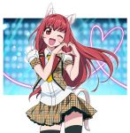  1girl ;d animal_ears blush brown_eyes cat_ears cat_tail cowboy_shot eyebrows_visible_through_hair head_tilt heart heart_hands idol_clothes long_hair looking_at_viewer necktie one_eye_closed open_mouth original redhead smile solo tail tonbi 