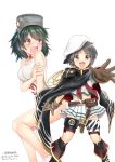  2girls absurdres artist_name bangs black_hair blue_hair boots brown_eyes cape choker commentary_request cosplay costume_switch cutlass diving_mask diving_mask_on_head feet_out_of_frame foreshortening green_eyes green_hair hat heterochromia highres kantai_collection kiso_(kantai_collection) kiso_(kantai_collection)_(cosplay) maru-yu_(kantai_collection) maru-yu_(kantai_collection)_(cosplay) multiple_girls muzzuleflash navel open_mouth parted_bangs pauldrons pleated_skirt remodel_(kantai_collection) sailor_collar sailor_hat school_swimsuit school_uniform serafuku shirt short_hair simple_background skirt smile swimsuit tears thigh-highs twitter_username white_background white_choker white_sailor_collar white_school_swimsuit white_shirt white_skirt white_swimsuit yellow_eyes 