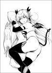  1girl boots bow cat comic demon_girl demon_horns demon_tail demon_wings elbow_gloves eyebrows_visible_through_hair fang gentsuki gloves greyscale hair_bow highres horns lily_(gentsuki) long_hair lying monochrome on_side original pointy_ears revealing_clothes succubus tail thick_eyebrows thigh-highs thigh_boots two_side_up wings 