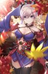  1girl autumn autumn_leaves bare_shoulders breasts cleavage closed_mouth collarbone commentary_request eyebrows_visible_through_hair fate/grand_order fate_(series) hair_between_eyes hair_ornament highres holding holding_sword holding_weapon japanese_clothes katana large_breasts leaf leaves_in_wind looking_at_viewer miyamoto_musashi_(fate/grand_order) navel open_eyes ponytail sheath short_hair silver_hair solo sword violet_eyes weapon yu-hi 