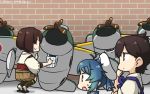  3girls airplane_costume blue_hair blue_sailor_collar brick_wall brown_eyes brown_hair brown_hakama commentary_request costume dated fang fukae_(kantai_collection) gradient_hair hakama hamu_koutarou hand_on_own_chin hat highres hyuuga_(kantai_collection) japanese_clothes kaga_(kantai_collection) kantai_collection long_hair multicolored_hair multiple_girls open_mouth profile sailor_collar sailor_hat school_uniform serafuku short_hair side_ponytail sidelocks squatting tasuki tsurime undershirt white_hat 