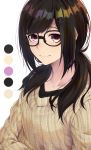  1girl bangs black_hair color_guide eyebrows_behind_hair glasses hair_ornament hair_over_shoulder hairclip highres layered_clothing long_hair long_sleeves looking_at_viewer low_twintails original ribbed_sweater shunga_(shun608) simple_background smile solo sweater swept_bangs twintails upper_body violet_eyes white_background 