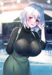  1girl adjusting_hair aohitsugi_nemu black_sweater bob_cut breasts grey_skirt high-waist_skirt highres hypnosis_mic large_breasts looking_at_viewer moe_(hamhamham) open_mouth outdoors short_hair silver_hair skirt smile sweater turtleneck turtleneck_sweater 