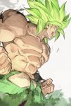 2boys abs broly_(dragon_ball_super) clenched_hand dragon_ball dragon_ball_super_broly evil_smile fingernails frown green_hair male_focus multiple_boys muscle no_pupils profile shirtless smile spiky_hair super_saiyan yunar 