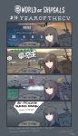  1girl 4koma aircraft airplane brown_hair comic commentary cyrillic dated english_commentary gameplay_mechanics green_eyes greythorn032 grozovoi_(greythorn032) highres long_hair ocean original personification russian_text smoke solo_focus standing standing_on_liquid thought_bubble world_of_warships 