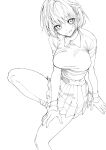  1girl :q bangs blunt_bangs breasts cgy_iy greyscale highres monochrome original pleated_skirt short_hair simple_background sitting skirt smile solo tongue tongue_out 