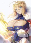  1girl absurdres ahoge artoria_pendragon_(all) artoria_pendragon_(lancer) blonde_hair blue_eyes braid breasts cape cleavage cleavage_cutout covered_navel crown fate/grand_order fate_(series) fur_trim gauntlets hair_between_eyes highres holding holding_weapon kujuu_shikuro large_breasts looking_at_viewer parted_lips riding sidelocks solo weapon 