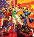  3girls american_flag blonde_hair bodypaint bracelet braid breasts bun_cover cammy_white china_dress chinese_clothes chun-li dark_skin double_bun dress earphones earphones genzoman great_wall_of_china green_leotard hair_bun highres jewelry kimberly_jackson leotard listening_to_music midriff multiple_girls navel open_mouth pantyhose people&#039;s_republic_of_china_flag quad_braids scar scar_on_cheek scar_on_face spiked_bracelet spikes street_fighter twin_braids 
