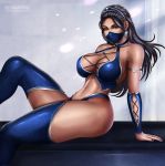 1girl black_hair blue_legwear breasts brown_eyes cleavage copyright_request earrings elbow_gloves flowerxl1 gloves jewelry kitana large_breasts long_hair mask midway_(company) mortal_kombat mortal_kombat_4 mortal_kombat_9 mortal_kombat_armageddon mortal_kombat_deadly_alliance mortal_kombat_deception mortal_kombat_ii mortal_kombat_trilogy ninja pervert solo thigh-highs ultimate_mortal_kombat_3