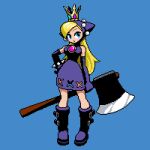  1girl axe blonde_hair blue_background blue_eyes blush boots bracelet cross_cutout crown dress holding holding_axe jewelry long_hair mabius pixel_art purple_dress simple_background solo spiked_bracelet spikes standing super_mario_bros. warupeach 