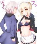  2girls ahoge anger_vein apron artoria_pendragon_(all) blonde_hair blush bow bowtie braid eyebrows_visible_through_hair fate/grand_order fate_(series) jacket jeanne_d&#039;arc_(alter)_(fate) jeanne_d&#039;arc_(fate)_(all) kurenai_(kurenai_pso) long_sleeves maid_apron maid_headdress multiple_girls saber_alter short_hair simple_background smile sparkle white_background white_hair 