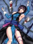  arms_up black_hair breasts chains elbow_gloves gloves heterochromia lying misao_(kami_no_misoshiru) samurai_spirits shiki shiki_(samurai_spirits) short_hair sideboob snk sword tattoo weapon 