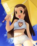  brown_eyes brown_hair cleavage cleavage_cutout long_hair open_mouth race_queen racequeen shorts umbrella 