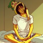  barefoot father_and_daughter futon green_hair koiwai_yotsuba memeck mr_koiwai quad_tails yotsubato! 