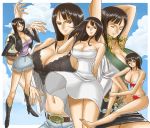  1girl arms_up bad_id bare_shoulders barefoot bikini black_hair boots breasts cleavage closed_eyes closed_mouth dress female hand_in_hair hand_on_hip ibanen jacket large_breasts long_hair long_sleeves midriff miniskirt multiple_outfits multiple_views nico_robin one_piece open_jacket sitting skirt slender_waist standing strapless strapless_dress swimsuit 
