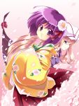  flower hat hieda_no_akyu hieda_no_akyuu japanese_clothes kimono long_hair petals purple_hair ribbon ribbons short_hair tooya touhou touya_(the-moon) yakumo_yukari 