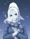  #1 blue_skin breath cold dark_elf elf lineage lineage_2 long_hair pointy_ears ponytail scarf smile snow white_hair 