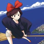  black_hair bloomers bow broom broom_riding cloud clouds ghibli hair_bow hairband haruyama kiki kiki&#039;s_delivery_service lowres majo_no_takkyuubin midriff ocean panties short_hair sky smile studio_ghibli white_panties wind_lift witch 