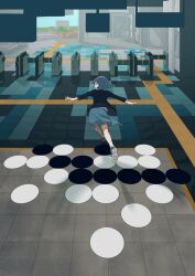  1girl absurdres blue_eyes blue_hair blue_skirt board_game bob_cut commentary_request fare_gate full_body go_(board_game) hallway highres ishinoshita_shou jacket looking_at_viewer looking_back medium_hair open_clothes open_jacket open_mouth original outstretched_arms running shirt skirt solo spread_fingers subway_station tactile_paving tile_floor tiles white_shirt 