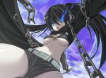  bad_id belt bikini bikini_top black_hair black_rock_shooter black_rock_shooter_(character) blue_eyes breasts chain chains checkerboard checkered from_below glow glowing hoodie open_mouth perspective short_shorts shorts solo somejima swimsuit sword twintails under_boob underboob weapon 