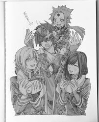  >:) 1girl 3boys allen_walker arms_up belt black_coat black_headband black_order_uniform black_shoes blush bob_cut child closed_eyes coat collared_coat covered_eyes d.gray-man earrings eyepatch facial_mark fang fingerless_gloves floating_hair forehead_jewel gloves greyscale hair_between_eyes hair_ornament hairclip headband highres holding holding_headband holding_scarf holding_unworn_clothes hoop_earrings jewelry lavi leg_warmers lenalee_lee long_hair looking_at_another low_ponytail military military_uniform monochrome multiple_boys open_clothes open_coat open_mouth pants ponytail richiumu scar scar_on_face scarf screaming shirt shoes short_hair shorts sidelocks sitting_on_shoulder smile spiky_hair striped_coat striped_headband sweat sweatdrop timothy_hearst v-shaped_eyebrows white_background white_hair 