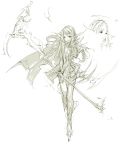  fantasy green monochrome pointy_ears scythe sketch torn_clothes weapon white_background 